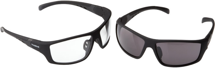 Two pairs of black sunglasses featuring clear lenses, displayed side by side on a neutral background