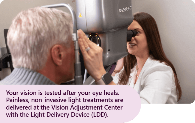 Vision testing being done for an elderly male patient by a lady ophthalmologist